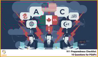 911 emergency call center operators at desks with multiple language icons floating above, symbolizing multilingual communication during crisis. Flat infographic style with red and navy accents.