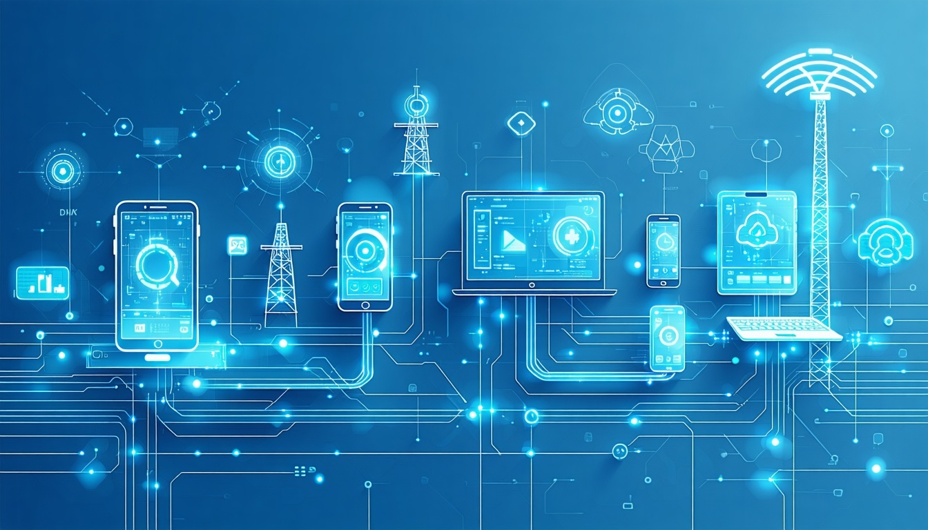 Create a professional modern illustration showing interconnected emergency communication systems working seamlessly together Show abstract representations of 911 dispatch centers mobile devices and communication towers connected by flowing lines or p-1