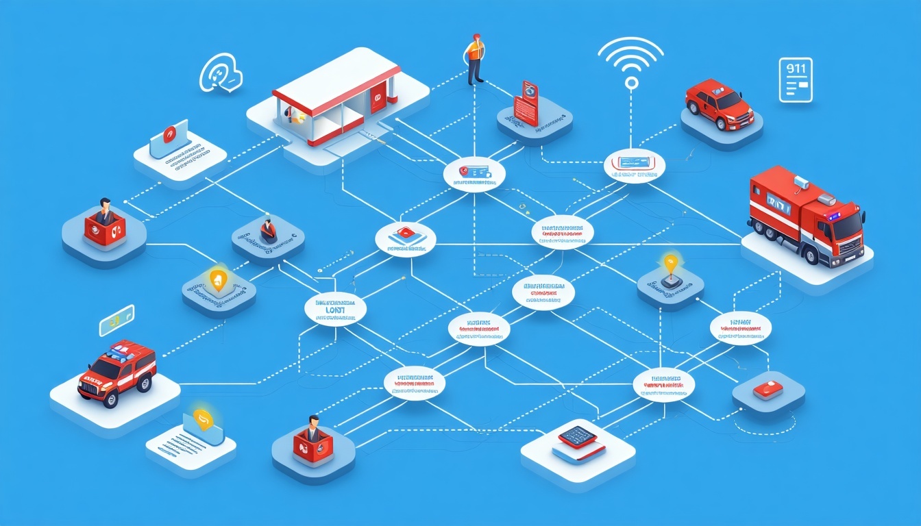 Design a clean professional diagram showing workflow integration in emergency services Visualize connected systems as flowing pathways with icons for 911 calls translation services and first responders Use a modern technical illustration style with b