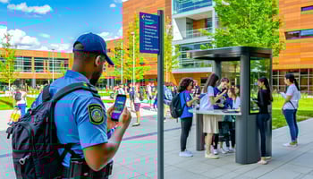 a campus safety officer looking at his phone in a courtyard on a busy college campus.