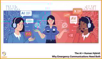 911 dispatcher connecting AI translation and a human interpreter, symbolizing hybrid interpretation systems for emergency communication.
