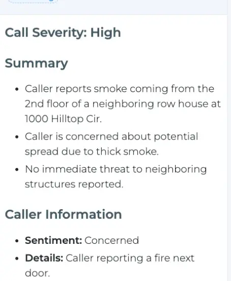 AI insights panel showing call severity, a bulleted call summary and caller sentiment