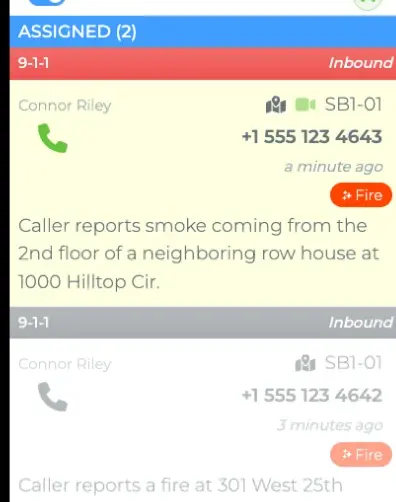 ConveyPrizym call list showing inbound 9-1-1 calls, each with a written summary and an incident type tag