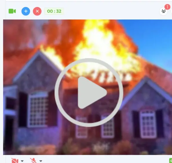 Live video streamed from a caller during an active fire call, with call controls and captions