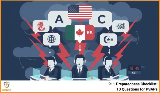 911 emergency call center operators at desks with multiple language icons floating above, symbolizing multilingual communication during crisis. Flat infographic style with red and navy accents.