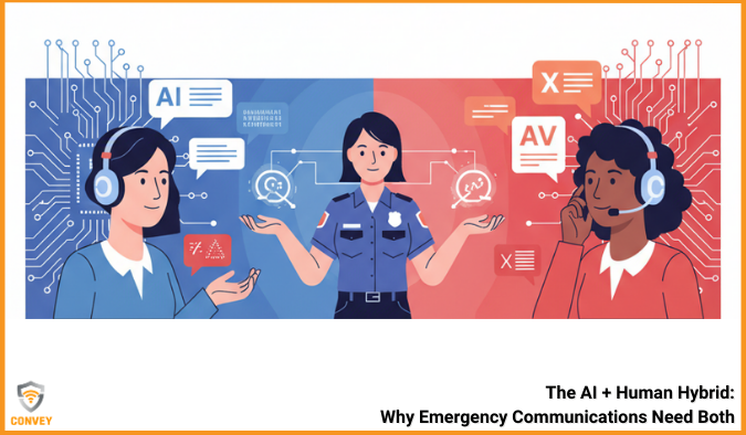 911 dispatcher connecting AI translation and a human interpreter, symbolizing hybrid interpretation systems for emergency communication.